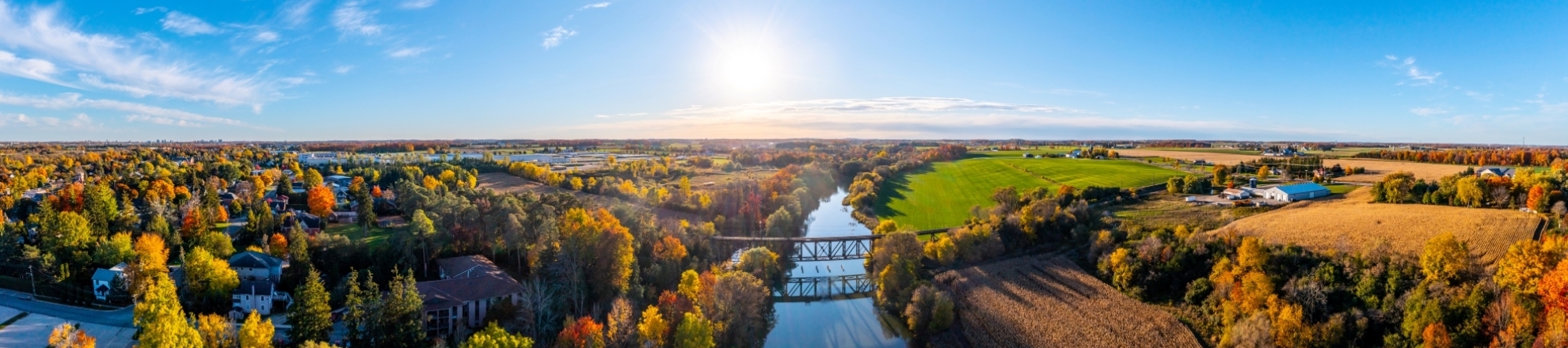 Aerial Railway Bridge and Conestogo River at dusk, St. Jacobs, Canada
